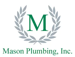 Logo of Mason Plumbing, Inc. featuring a green "M" surrounded by a laurel wreath, with the company name in green text below.